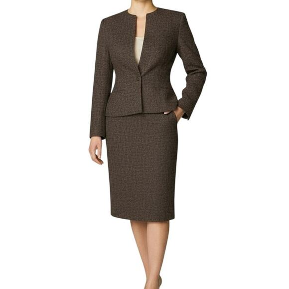 Vintage Brown 100% Wool Pin Stripe Skirt Blazer Set Womens Sz XS Business Formal - Picture 1 of 16